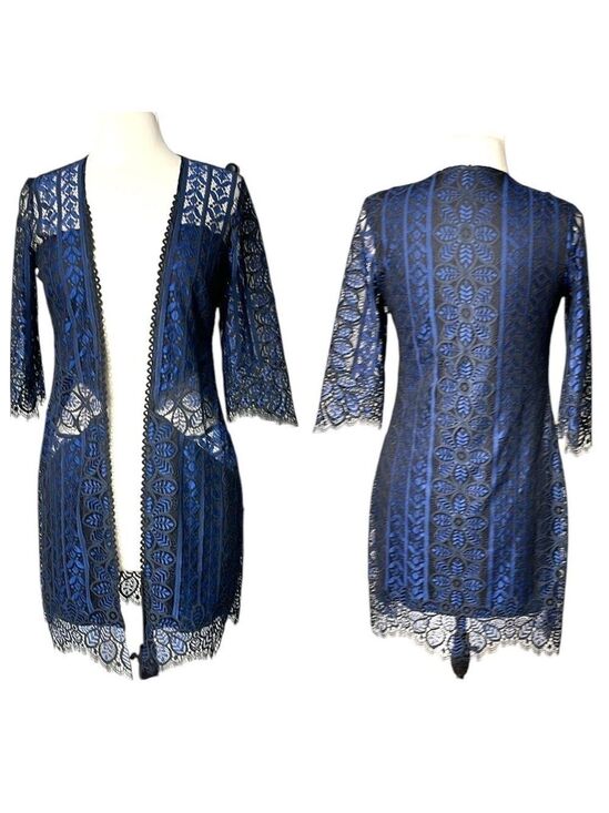 For Love And Lemons Tops - For Love & Lemons Lace Open Front Kimono Cardigan Top SZ L Black Blue
